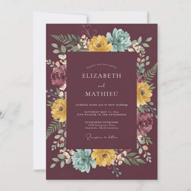 Invitación Boda con Hojas de Mostaza Granate (Anverso)