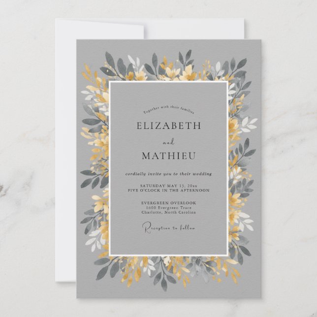 Invitación Boda con hojas de mostaza gris (Anverso)