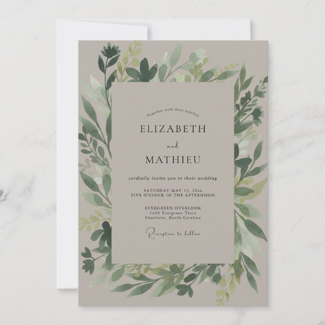 Invitación Boda con hojas de musgo grisáceo (Anverso)