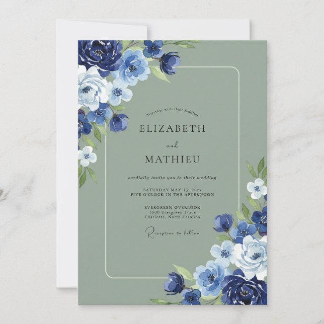 Invitación Boda con Hojas de Musgo Índigo (Anverso)