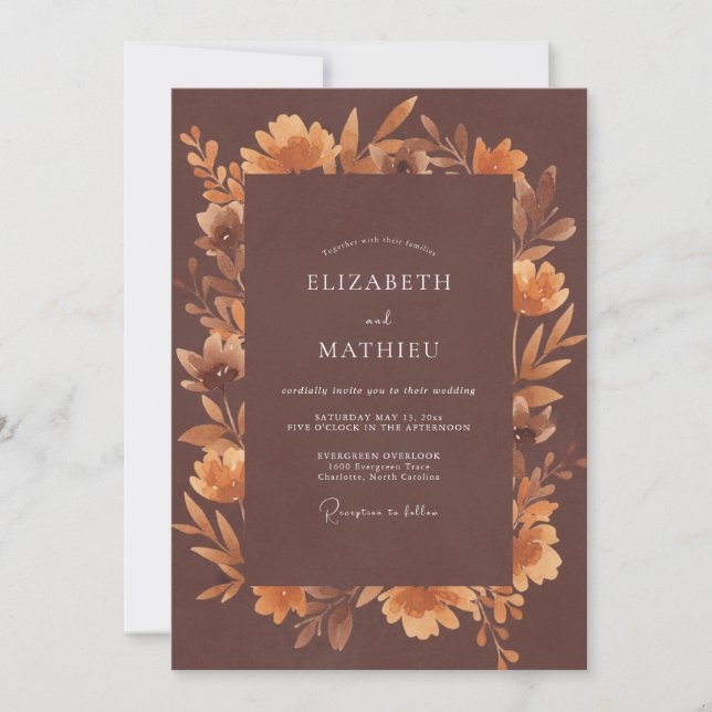 Invitación Boda con Hojas de Naranja Quemada (Anverso)