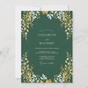 Invitación Boda con hojas de ocra y azul verdoso oscuro