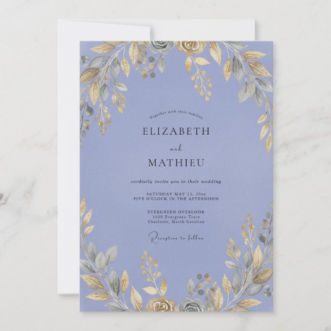 Invitación Boda con hojas de ocráceo y pervinca (Anverso)
