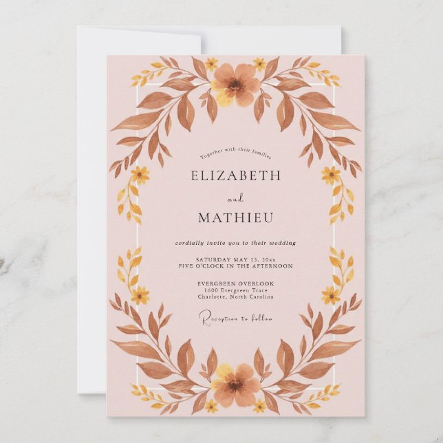 Invitación Boda con hojas de ocre malva (Anverso)