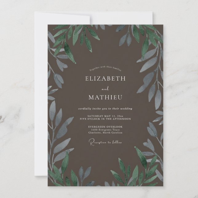 Invitación Boda con hojas de oliva grisáceo (Anverso)