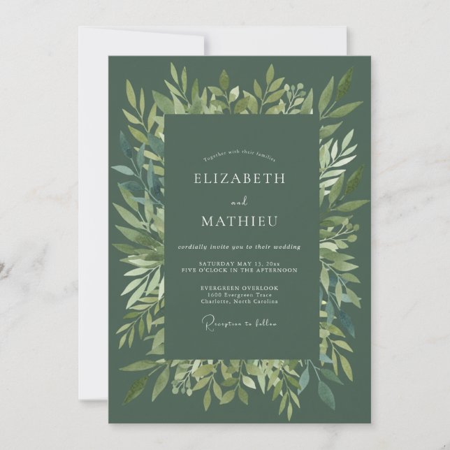 Invitación Boda con hojas de olivo oscuro (Anverso)