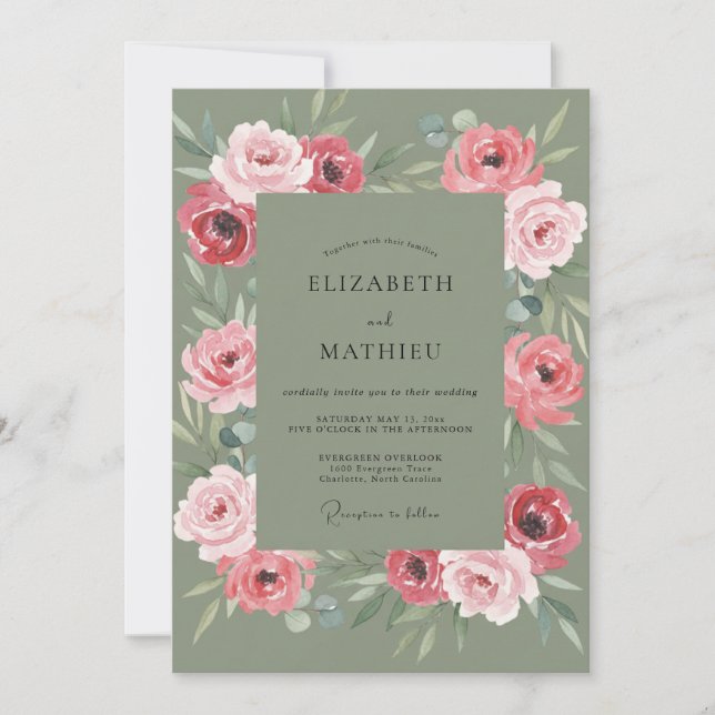 Invitación Boda con hojas de olivo rosa (Anverso)