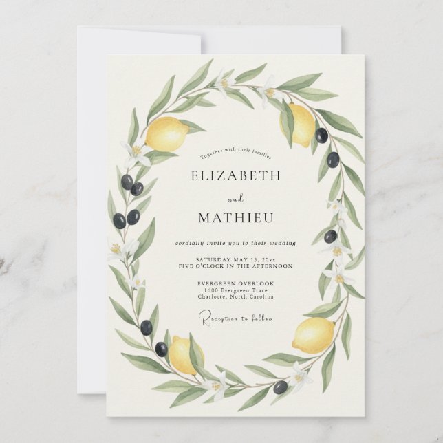 Invitación Boda con Hojas de Olivo y Limón (Anverso)