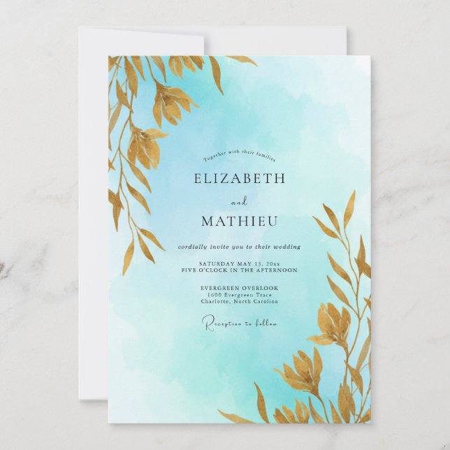 Invitación Boda con hojas de oro Aqua Soft (Anverso)