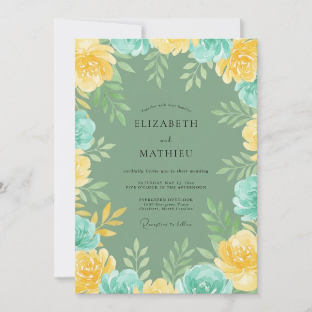 Invitación Boda con hojas de oro champán acuático (Anverso)