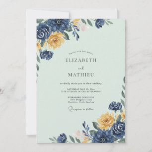 Invitación Boda con hojas de oro champán índigo