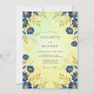 Invitación Boda con Hojas de Oro Cobalto