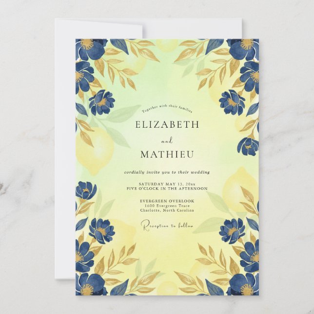 Invitación Boda con Hojas de Oro Cobalto (Anverso)