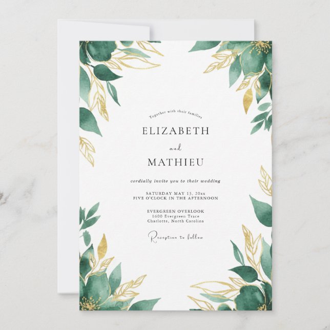 Invitación Boda con hojas de oro esmeralda (Anverso)