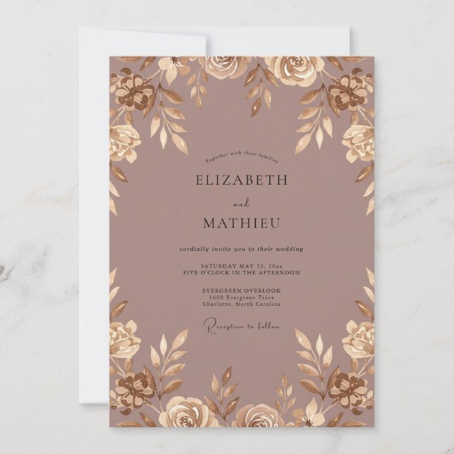 Invitación Boda con Hojas de Oro Malva (Anverso)