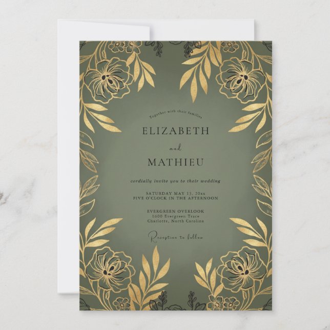 Invitación Boda con hojas de oro oliva (Anverso)