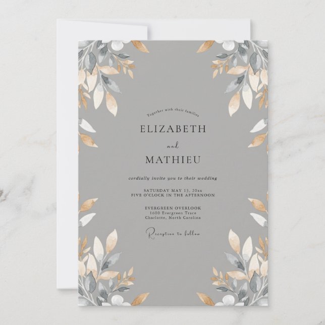 Invitación Boda con Hojas de Oro Pizarra (Anverso)