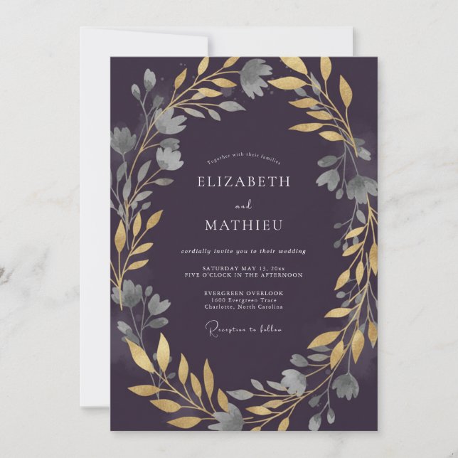 Invitación Boda con Hojas de Oro y Ciruela Suave (Anverso)