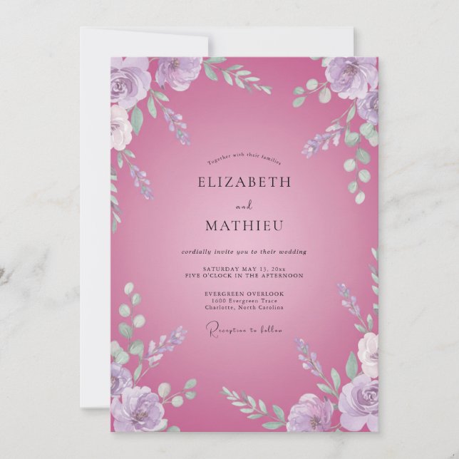 Invitación Boda con hojas de orquídea fucsia (Anverso)