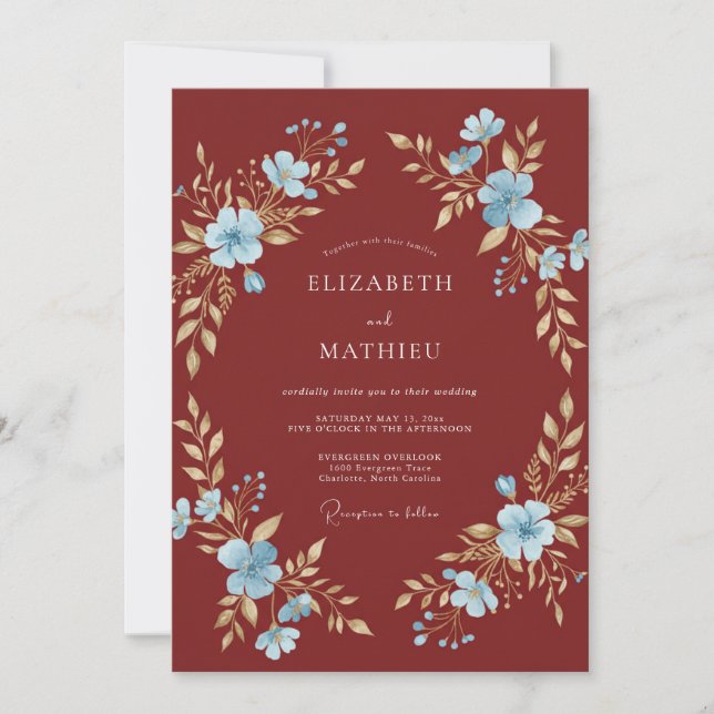 Invitación Boda con Hojas de Óxido Cerúleo (Anverso)