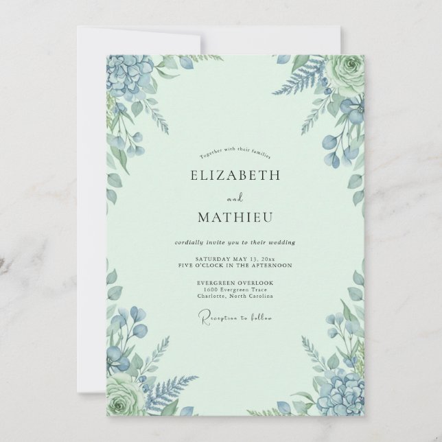 Invitación Boda con Hojas de Periwinkle Espuma de Mar (Anverso)