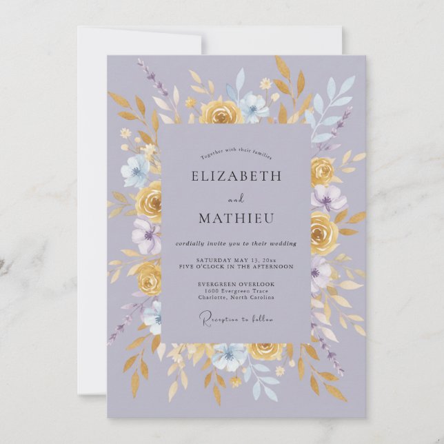 Invitación Boda con Hojas de Periwinkle y Oro Cálido (Anverso)