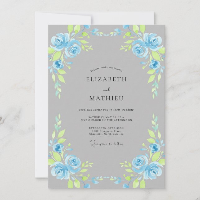 Invitación Boda con Hojas de Pizarra Azul (Anverso)