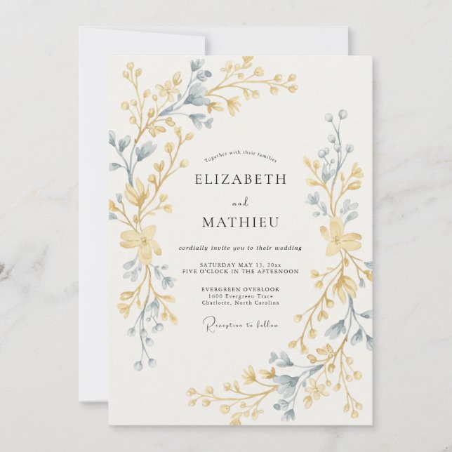 Invitación Boda con Hojas de Pizarra Dorada (Anverso)