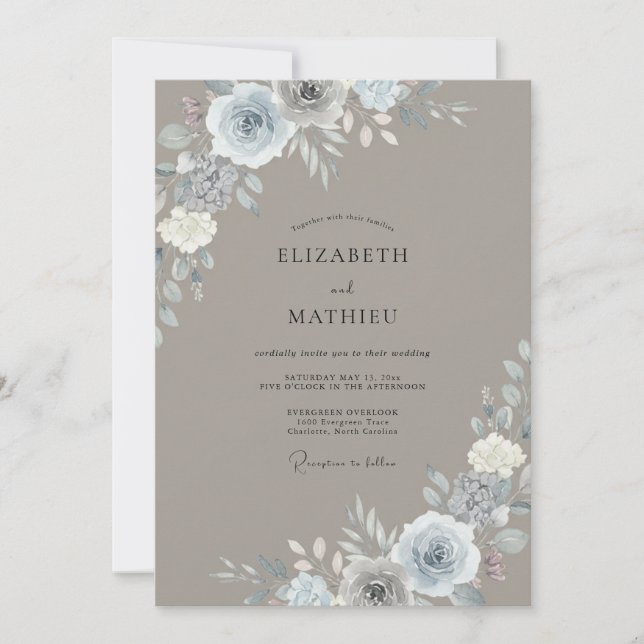 Invitación Boda con hojas de plata apagada y taupe (Anverso)