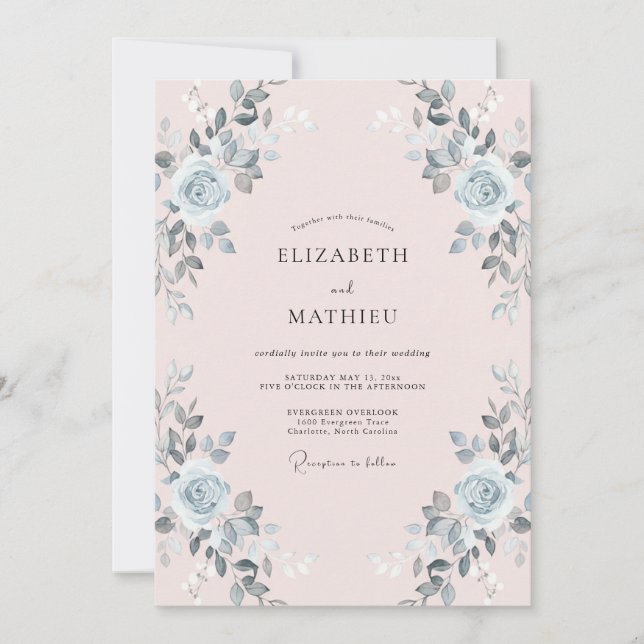 Invitación Boda con Hojas de Plata Rosadas (Anverso)