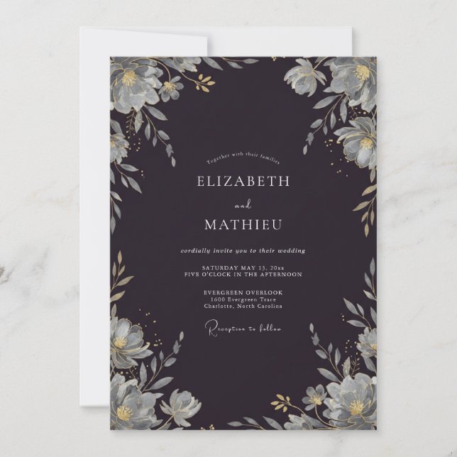 Invitación Boda con Hojas de Plata y Carbón (Anverso)