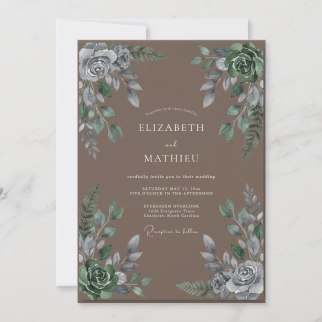 Invitación Boda con hojas de plata y taupe (Anverso)