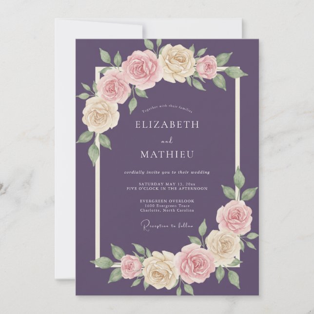 Invitación Boda con hojas de rosa amatista (Anverso)
