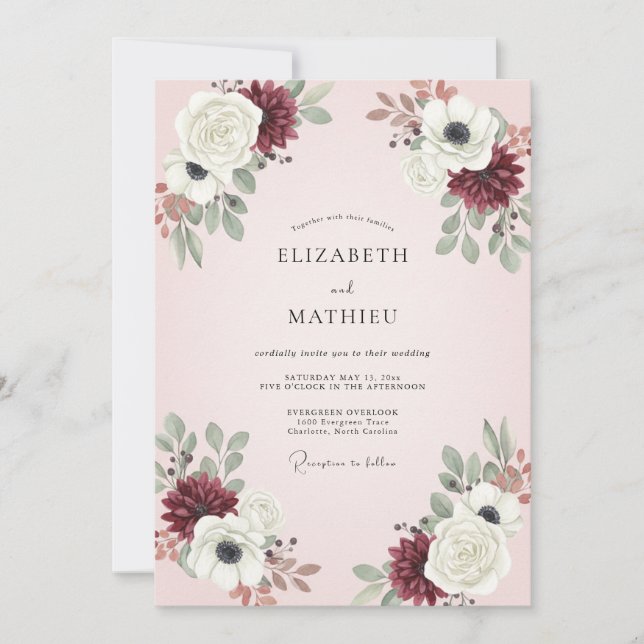 Invitación Boda con Hojas de Rosa Borgoña (Anverso)