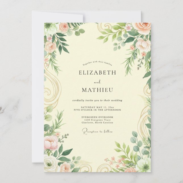 Invitación Boda con Hojas de Rosa Cremosa (Anverso)