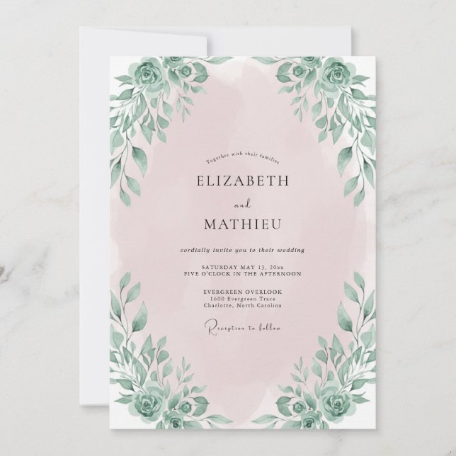 Invitación Boda con Hojas de Rosa Pálido (Anverso)