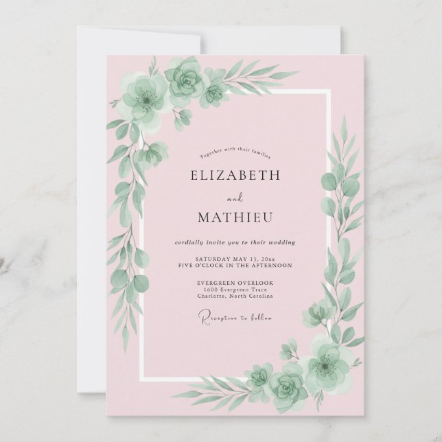Invitación Boda con Hojas de Rosa Pastel (Anverso)