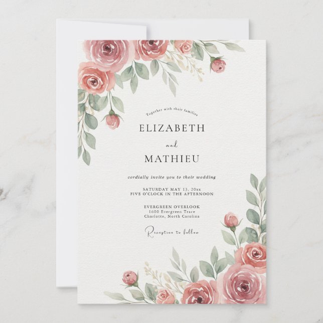 Invitación Boda con Hojas de Rosa Polvorienta (Anverso)