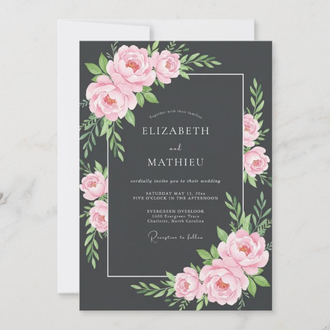 Invitación Boda con Hojas de Rosa Suave y Carbón (Anverso)