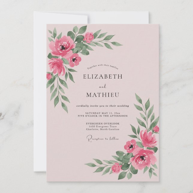 Invitación Boda con Hojas de Rosa Tímida (Anverso)