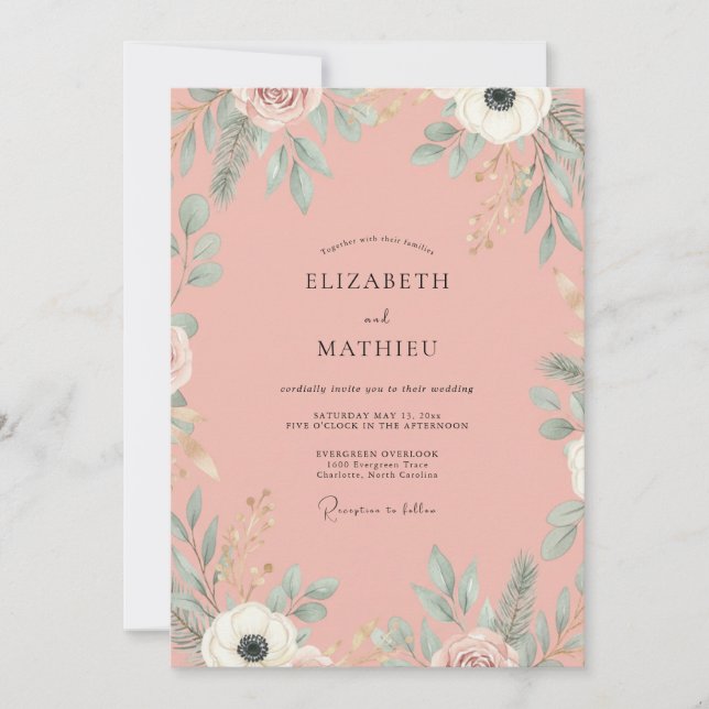 Invitación Boda con Hojas de Salmón Polvoriento (Anverso)