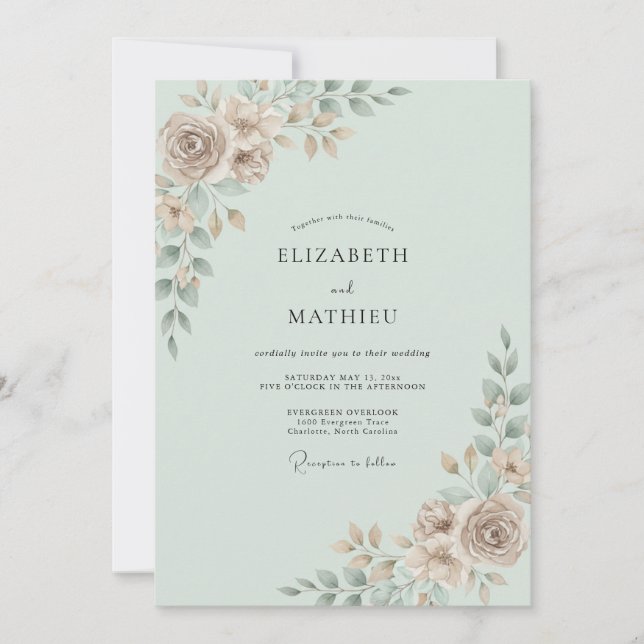 Invitación Boda con Hojas de Taupe Espuma de Mar (Anverso)