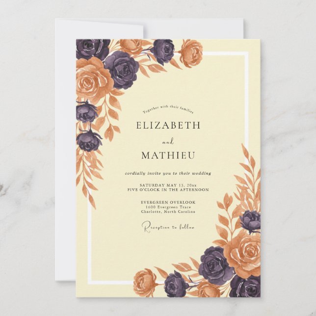 Invitación Boda con Hojas de Terracota de Ciruela (Anverso)