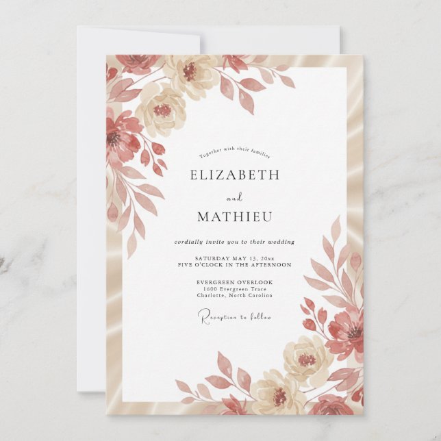 Invitación Boda con Hojas de Terracota y Champán (Anverso)