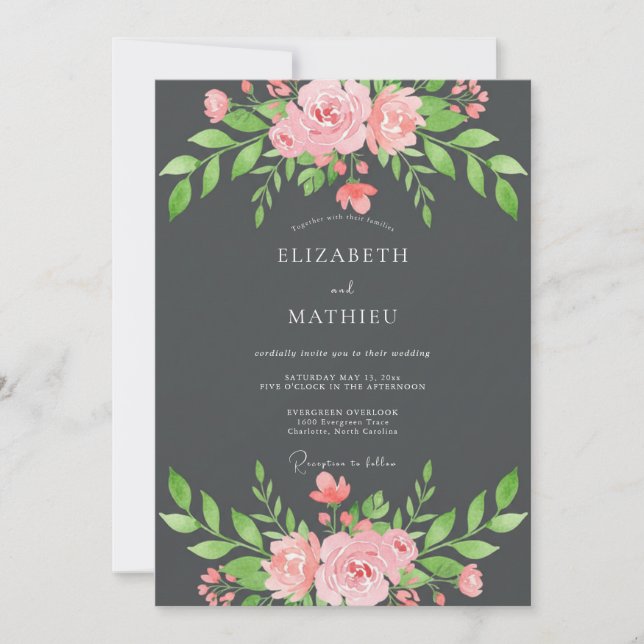 Invitación Boda con Hojas de Tinte Suave de Carbón (Anverso)