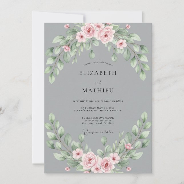 Invitación Boda con Hojas de Toque Gris (Anverso)