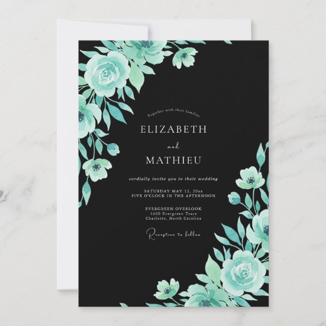Invitación Boda con Hojas de Turquesa Negra (Anverso)