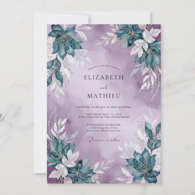 Invitación Boda con Hojas de Turquesa y Lavanda (Anverso)