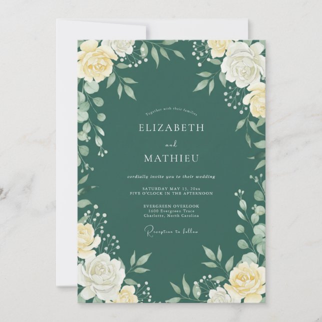 Invitación Boda con Hojas de Verde Azul Profundo (Anverso)