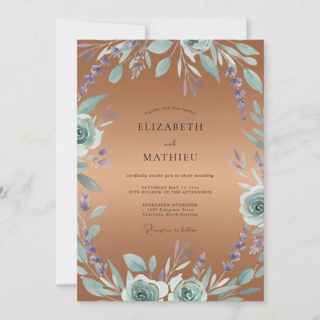 Invitación Boda con Hojas de Vinca Cobre (Anverso)